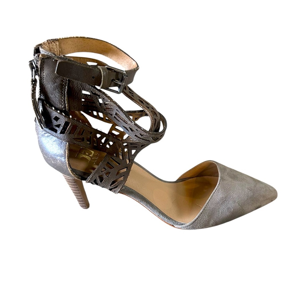 Joe's Jeans Betty Ankle Strap Heels Zip Back  Taupe Suede & Leather Size 7.5 M
